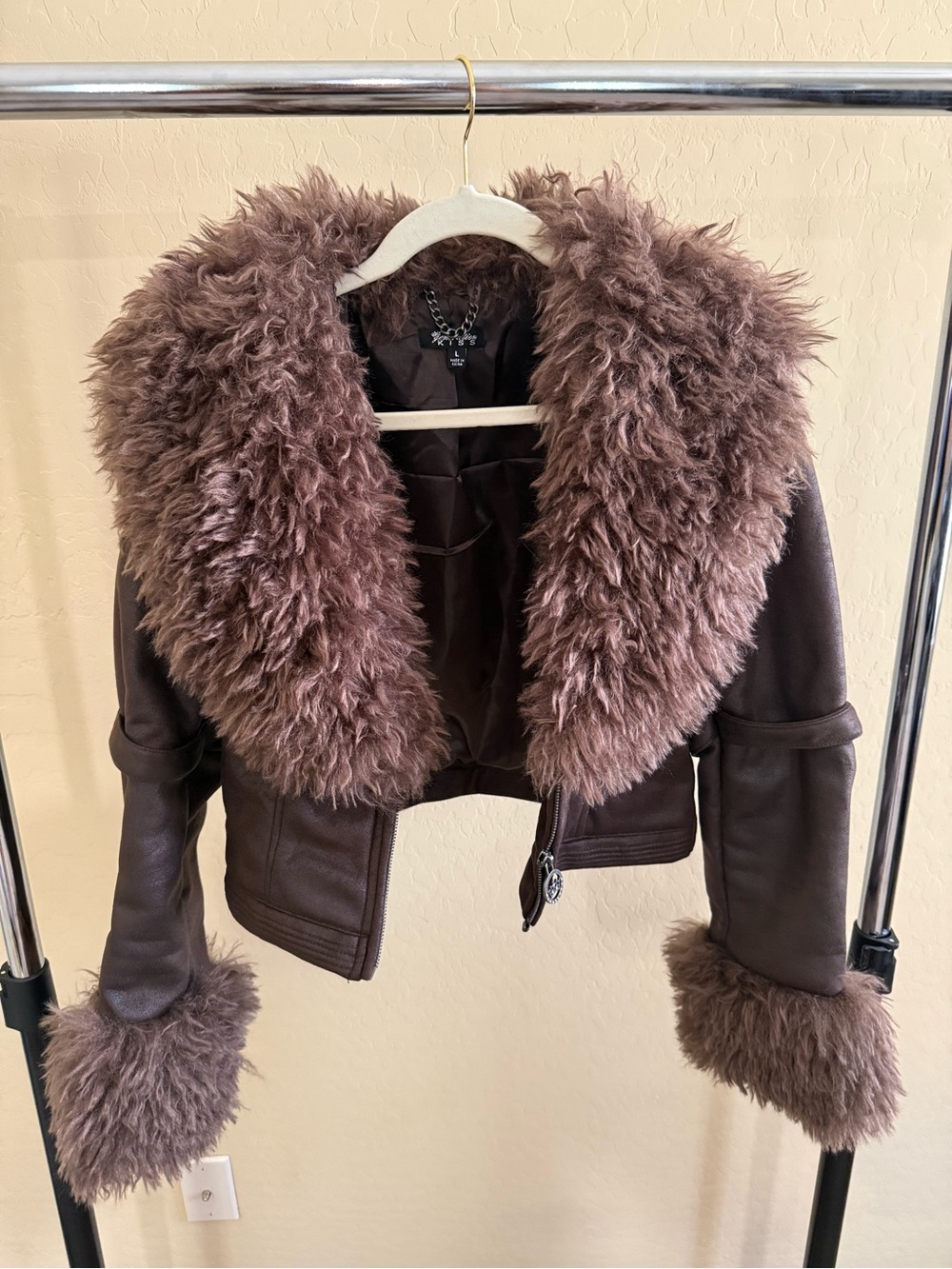 Finesse Brown Faux-Fur Trim Cropped Leather Jacket